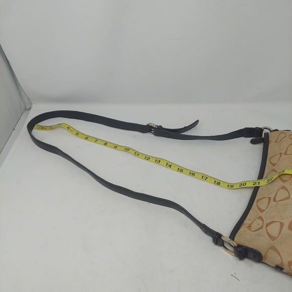 Liz Claiborne Vintage Y2K Tan Canvas Geometric Print Black Leather Shoulder Bag - Picture 11 of 14